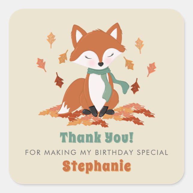 Fall Fox Woodland Birthday Square Sticker (Front)