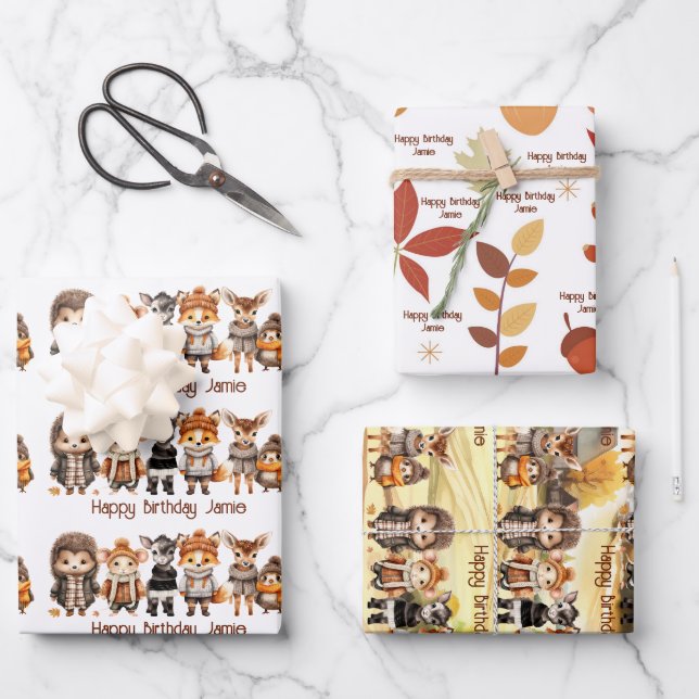 Fall Friends Cute Forest Animals Name Personalised Wrapping Paper Sheet (Front)