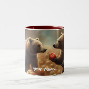 Fall friends Whimsical Bears share an apple  Two-Tone Coffee Mug