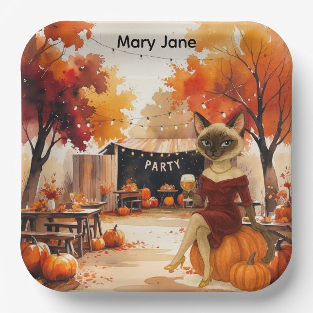 Fall Friendsgiving Fall Party for  Cat lovers Paper Plate (Front)