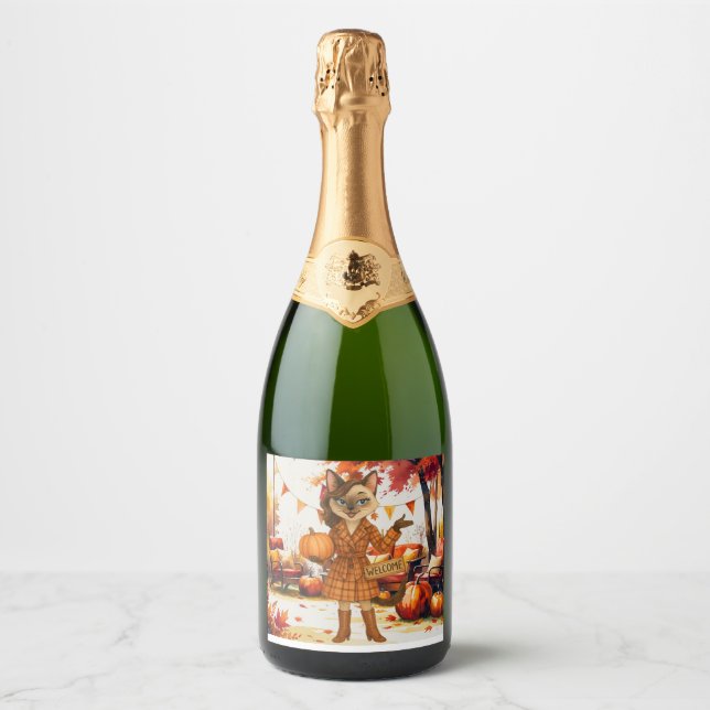 Fall Friendsgiving Party  for Cat Lovers Sparkling Wine Label (Front)
