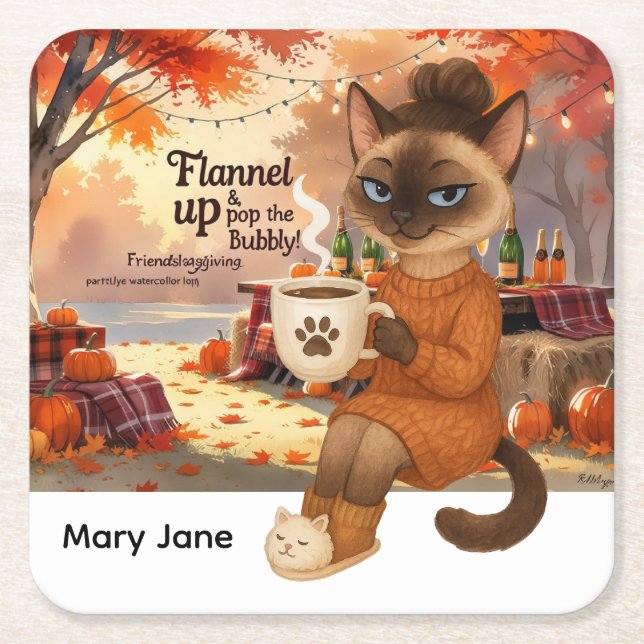 Fall Friendsgiving Party for Cat Lovers  Square Paper Coaster (Front)