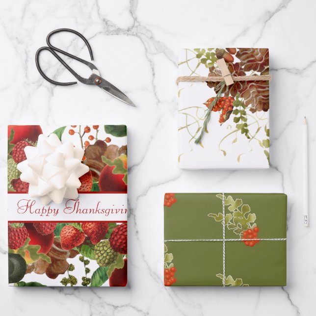 Fall Fruit, Berries and Pinecones Assorted Wrapping Paper Sheet (Front)