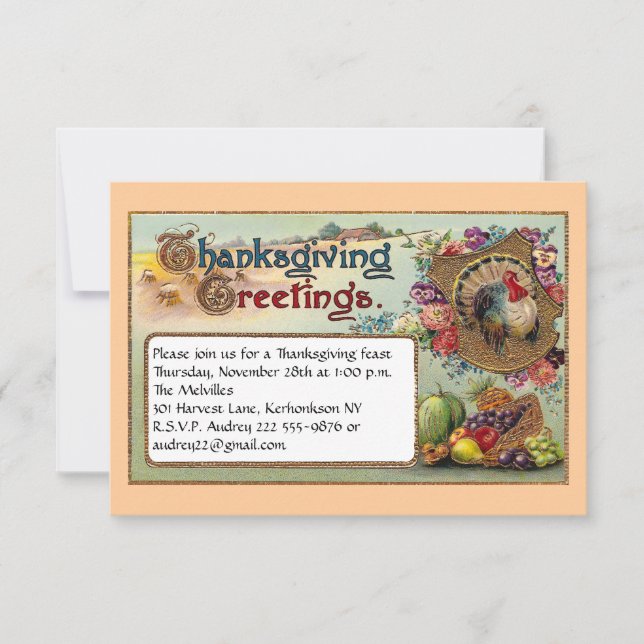 Fall Fruits and Turkey Vintage Thanksgiving Invitation (Front)