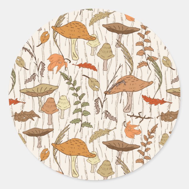 Fall Fungi and Leaves - seamless pattern. Classic Round Sticker (Front)