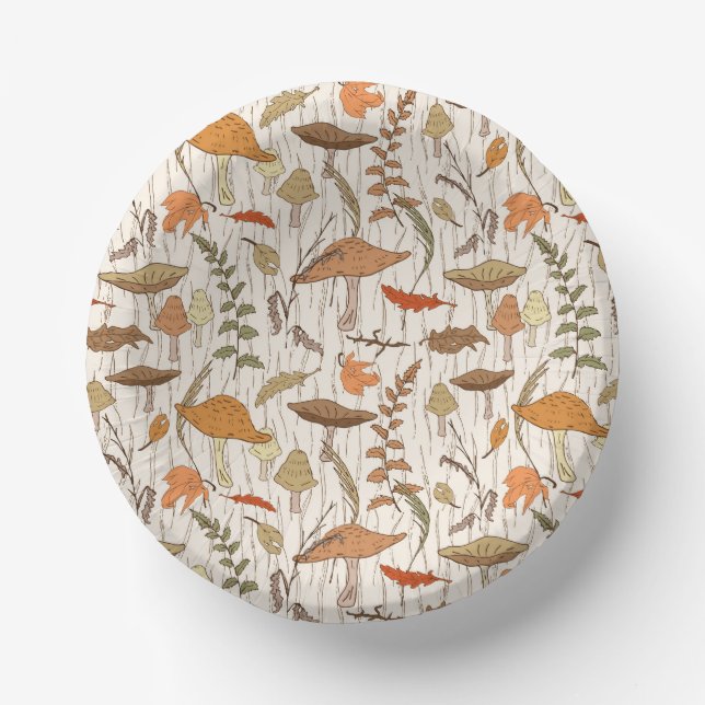 Fall Fungi and Leaves - seamless pattern. Paper Plate (Front)