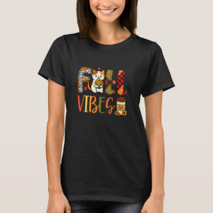 Fall Funny Vibes Thanksgiving Cat Flowers Leopard T-Shirt