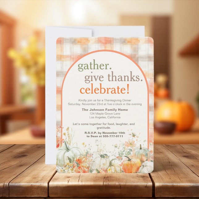 Fall Gathering Thanksgiving Invitations Gingham (Gather Give Thanks Celebrate arch Thanksgiving invitation card with gingham pattern”)