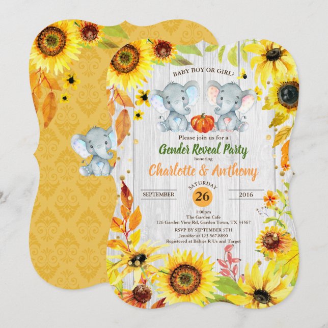 Fall gender reveal invitation sunflower elephant (Front/Back)