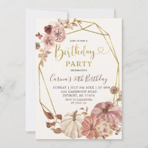Fall Geometric Boho Floral Pumpkin Birthday Party Invitation