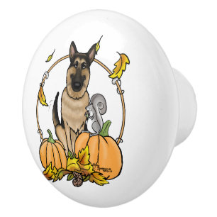 Fall German Shepherd Dog (black tan) Pumpkins Cute Ceramic Knob