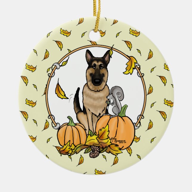 Fall German Shepherd Dog (black tan) Pumpkins Cute Ceramic Tree Decoration (Front)