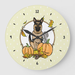 Fall German Shepherd Dog (black tan) Pumpkins Cute Large Clock