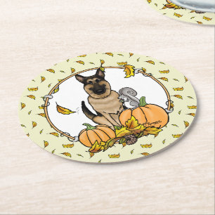 Fall German Shepherd Dog (black tan) Pumpkins Cute Round Paper Coaster