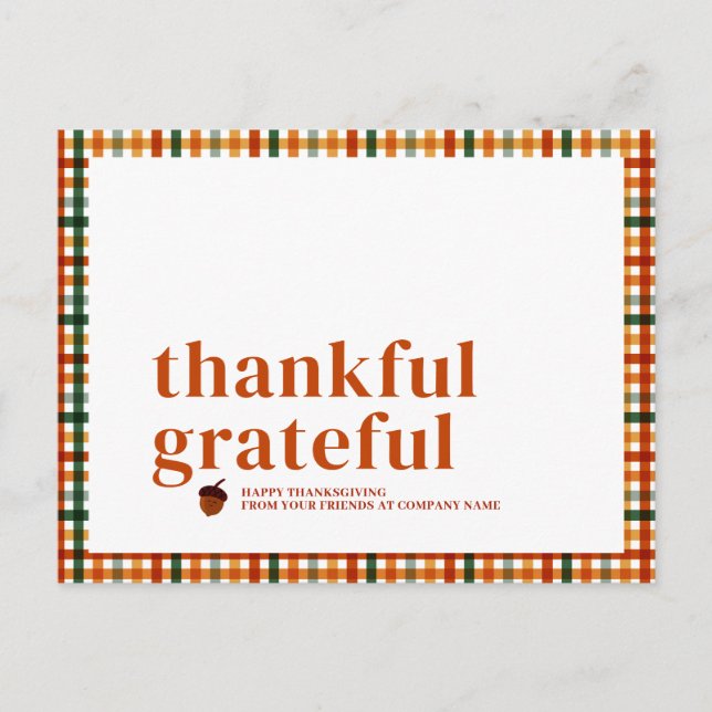 Fall Gingham Grateful Thankful Thanksgiving Holiday Postcard (Front)