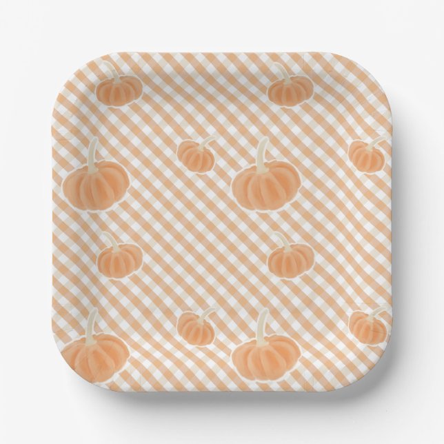 Fall Gingham Pumpkin – Thanksgiving Paper Plate (Front)