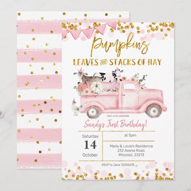 Fall Girl Farm Pink Pumpkin Truck Birthday Invitation (Front/Back)