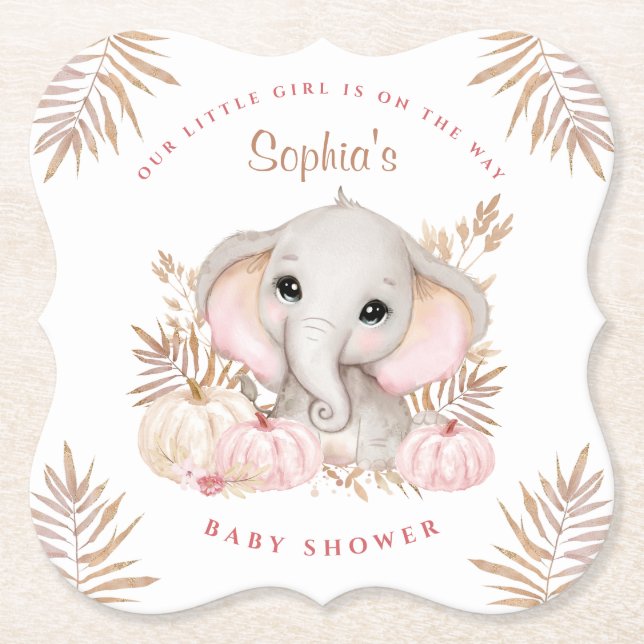 Fall Girl Pink Baby Shower Paper Coaster (Front)