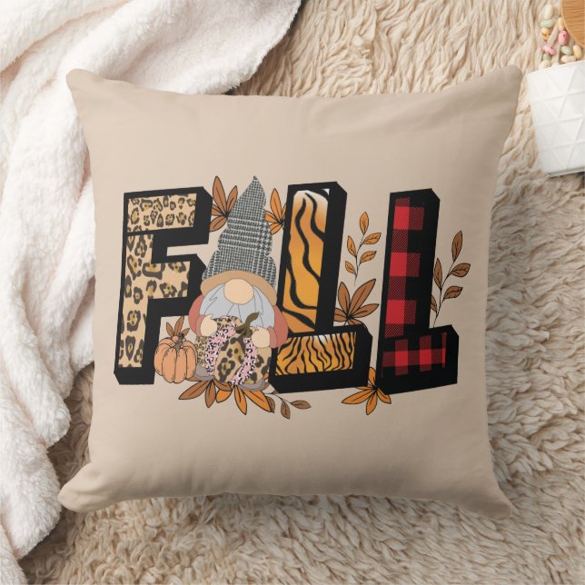 FALL Gnomes in Animal Print Pattern  Throw Pillow (Blanket)