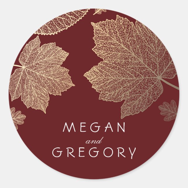 Fall Gold and Burgundy Leaves Wedding Classic Round Sticker (Front)