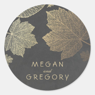 Fall Gold and Chalkboard Leaves Wedding Classic Round Sticker