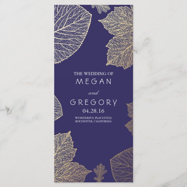 Fall Gold and Navy Leaves Wedding Programs Programme (Front)