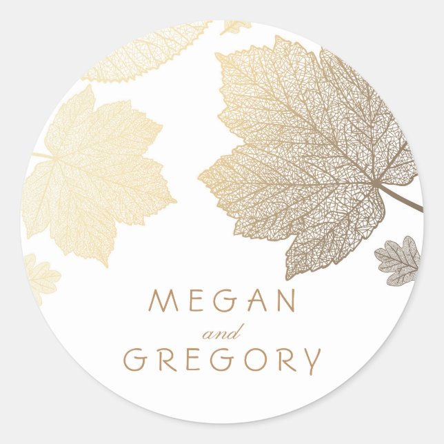 Fall Gold and White Leaves Wedding Classic Round Sticker (Front)