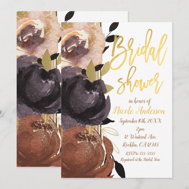 Fall Gold Bridal Shower Bold Flowers Modern Floral Invitation (Front/Back)