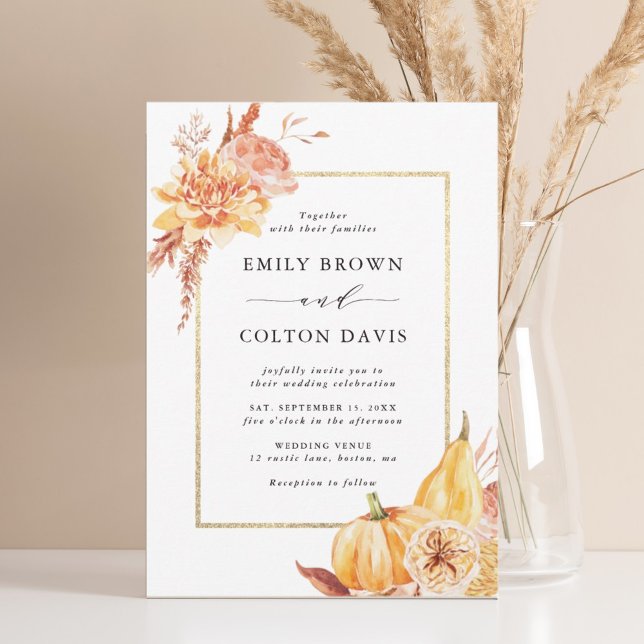 Fall Gold Floral Pumpkin Rustic Wedding  Invitation (Creator Uploaded)
