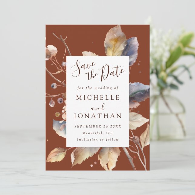 Fall Gold Leaves on Terracotta Christian Wedding Save The Date (Standing Front)