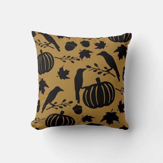 Fall Gold Orange Yellow Black Crow Autumn Pumpkin Cushion (Front)
