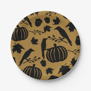 Fall Gold Orange Yellow Black Crow Autumn Pumpkin Paper Plate