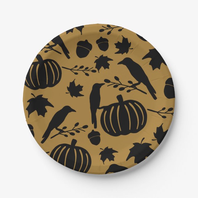 Fall Gold Orange Yellow Black Crow Autumn Pumpkin Paper Plate (Front)