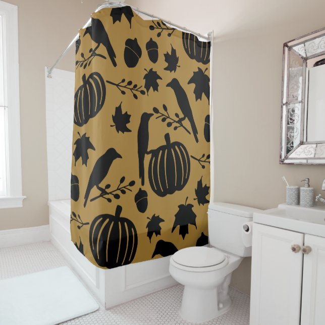 Fall Gold Orange Yellow Black Crow Autumn Pumpkin Shower Curtain (In Situ)