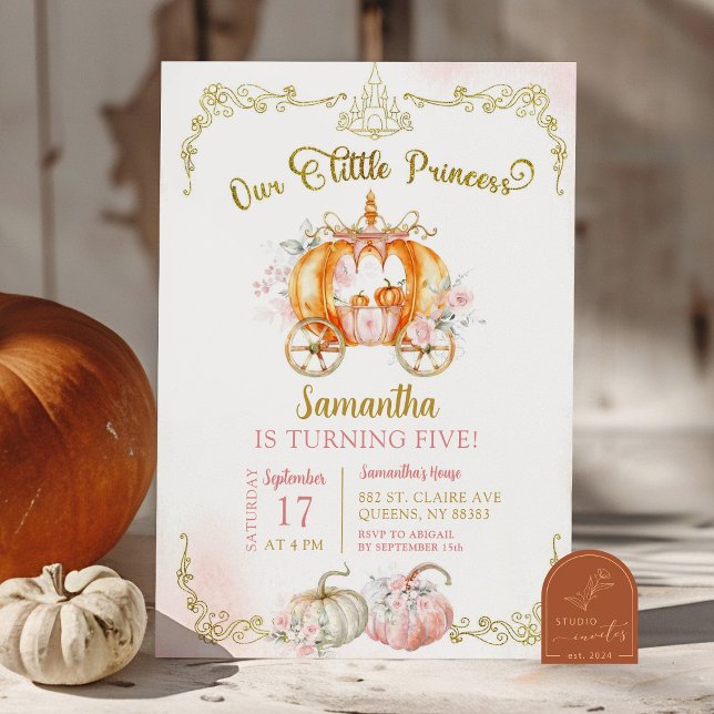 Fall Gold Pink Princess Pumpkin Carriage Birthday Invitation (Creator Uploaded)