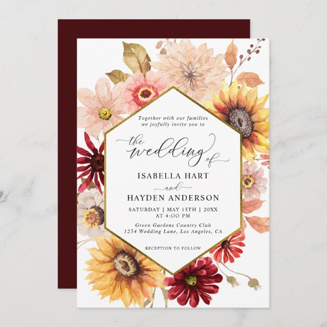 Fall Gold  Wildflowers Burgundy Colourful Wedding Invitation (Front/Back)