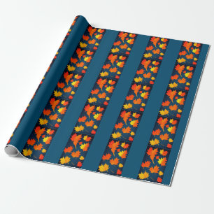 Fall golden orange leaves navy blue background wrapping paper