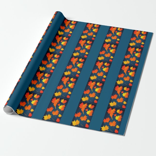 Fall golden orange leaves navy blue background wrapping paper (Unrolled)