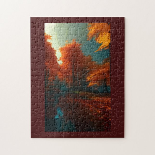 Fall golden red trees throwing shadow over lake jigsaw puzzle (Vertical)