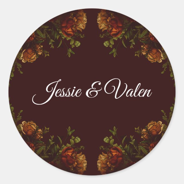Fall Gothic Wedding Rustic Orange Maroon Classic Round Sticker (Front)