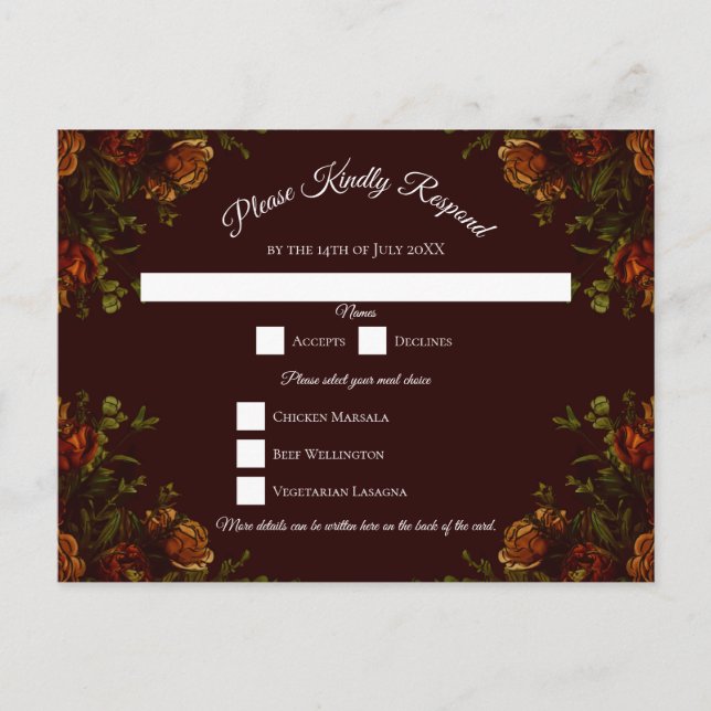 Fall Gothic Wedding Rustic Orange Maroon Holiday Postcard (Front)