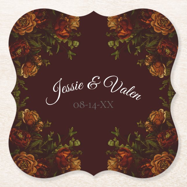 Fall Gothic Wedding Rustic Orange Maroon Paper Coaster (Front)