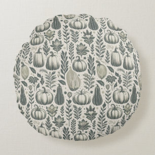 Fall Gourds Block Print in Green Round Cushion