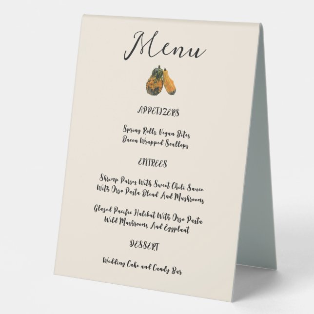 Fall Gourds Wedding Menu Table Tent Sign (Front)
