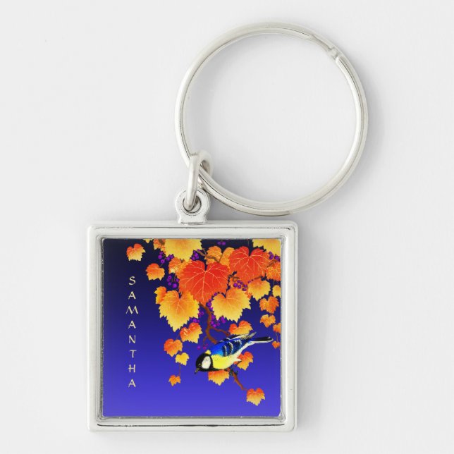 Fall Grape Vine Great Tit Bird Orange Leaves Blue Key Ring (Front)