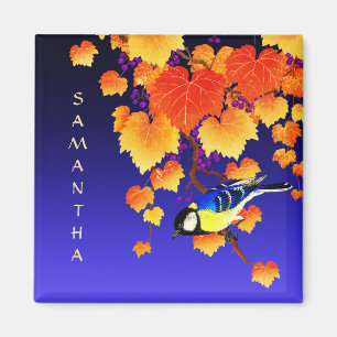 Fall Grape Vine Great Tit Bird Orange Leaves Blue Magnet