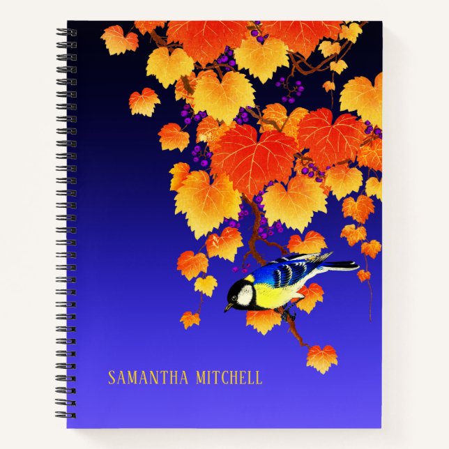 Fall Grape Vine Great Tit Bird Orange Leaves Blue Notebook (Front)