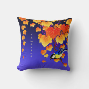 Fall Grape Vine Orange Gold Leaves Great Tit Bird Cushion