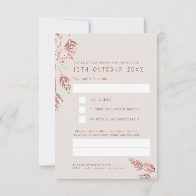 Fall grass berries wedding tan brown reply RSVP  Card (Back)