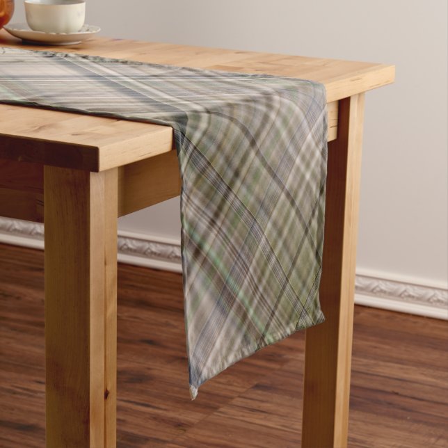 Fall Grass Brown and Olive Green Plaid Short Table Runner (In Situ)